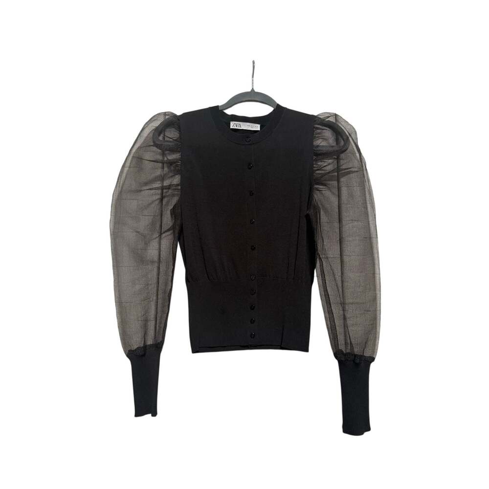 Zara Knit Top Women's Small Black Puff Sheer Sleeves